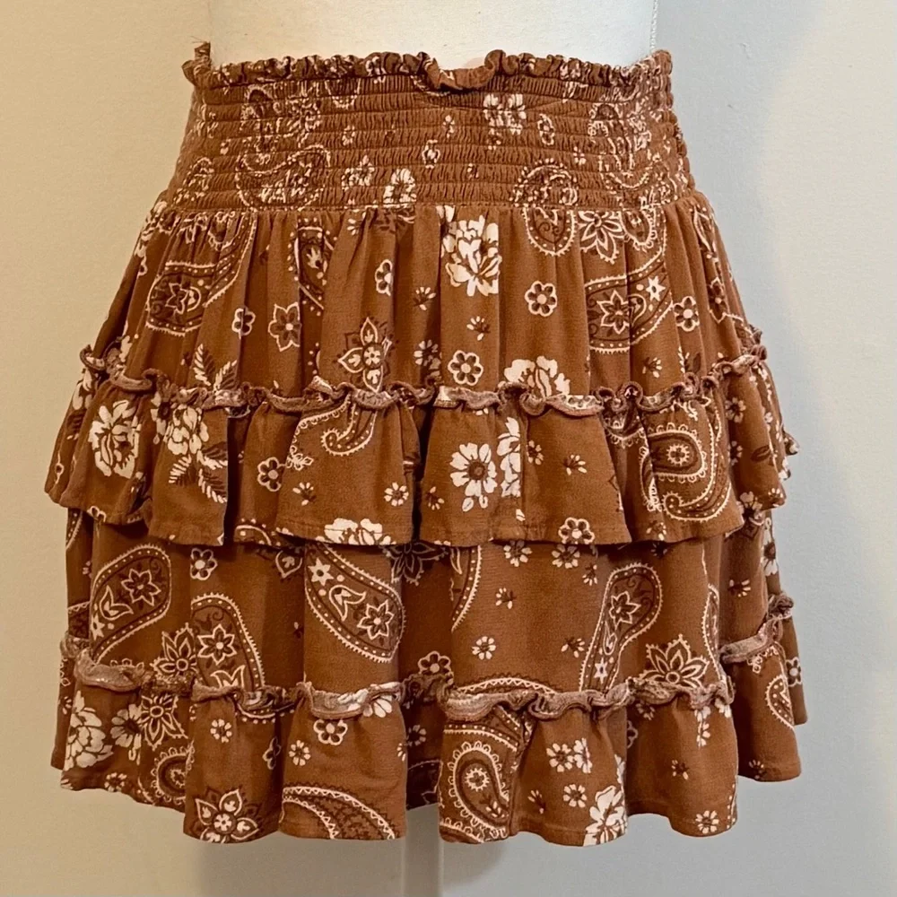 Aerie Brown Floral Paisley Tiered Ruffle Mini Skirt Size M - Picture 1 of 8